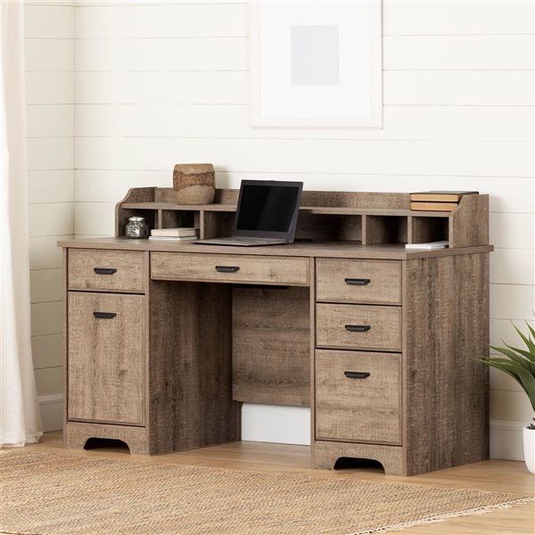 South Shore Versa Weathered Oak 59.5-in Computer Office Desk with Power Bar