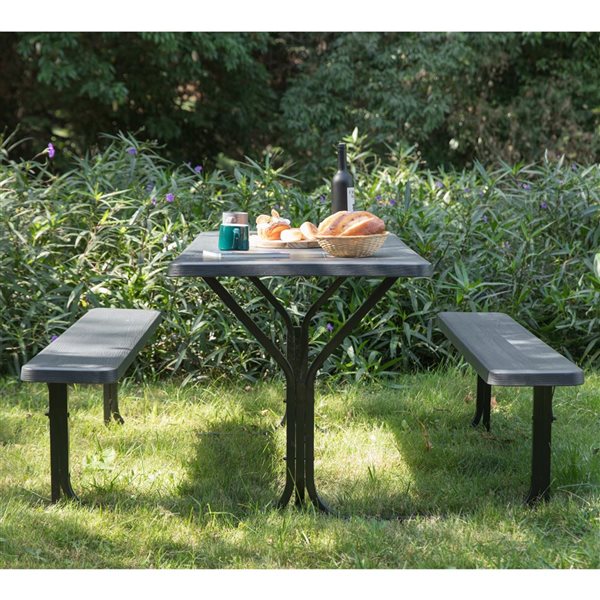 Gardenised Outdoor Woodgrain Picnic Table Set with Metal Frame, Gray