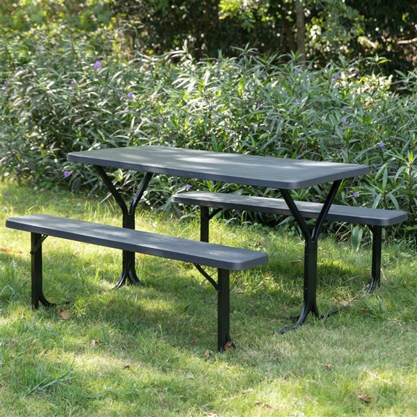 Gardenised Outdoor Woodgrain Picnic Table Set with Metal Frame, Gray