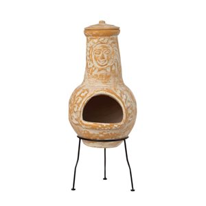 Vintiquewise Outdoor Clay Chiminea Fireplace Sun Design Wood Burning Fire Pit with Sturdy Metal Stand, Stone Gray