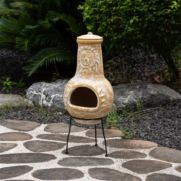 Vintiquewise Outdoor Clay Chiminea Fireplace Sun Design Wood Burning Fire Pit with Sturdy Metal Stand, Stone Gray