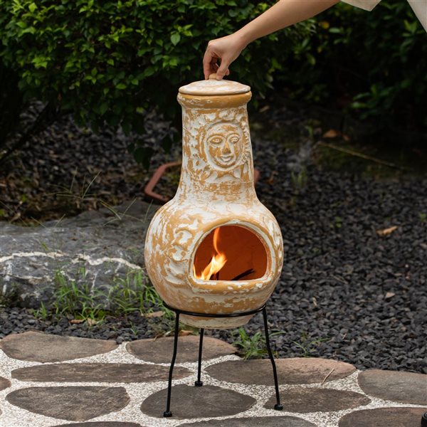 Vintiquewise Outdoor Clay Chiminea Fireplace Sun Design Wood Burning Fire Pit with Sturdy Metal Stand, Stone Gray