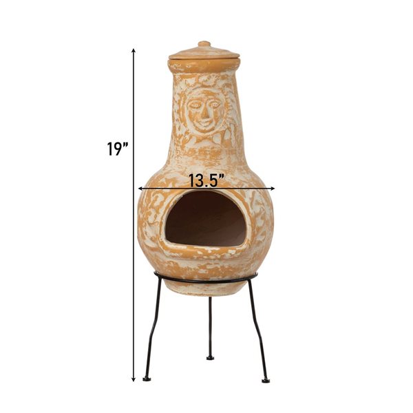 Vintiquewise Outdoor Clay Chiminea Fireplace Sun Design Wood Burning Fire Pit with Sturdy Metal Stand, Stone Gray