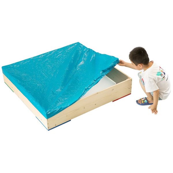 PLAYBERG Outdoor Wooden Sand Box with Floor Cover and Waterproof Protection Cover, Square Sandpit for Kids