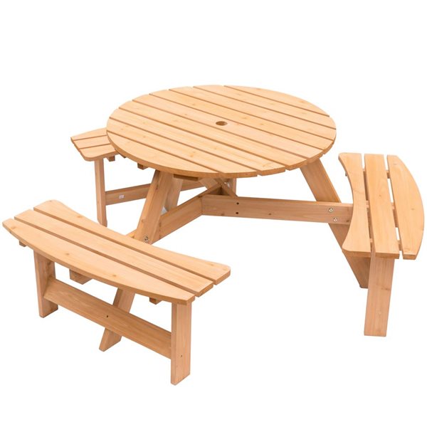 Gardenised Wooden Outdoor Round Picnic Table with Bench for Patio, 6- Person with Umbrella Hole - Stained