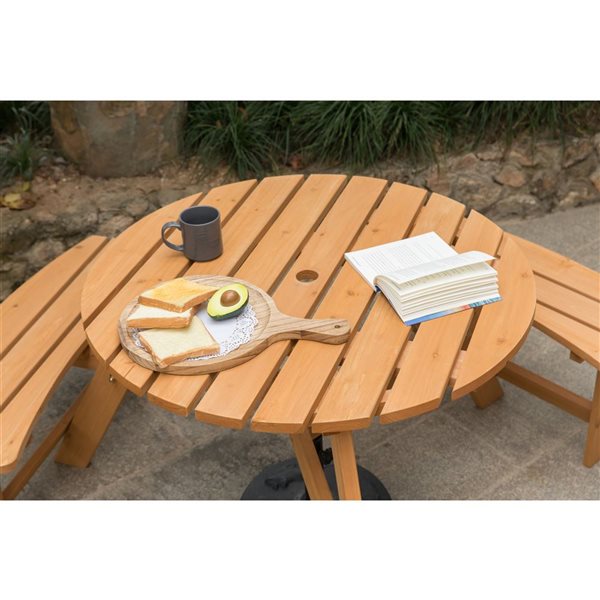 Gardenised Wooden Outdoor Round Picnic Table with Bench for Patio, 6- Person with Umbrella Hole - Stained