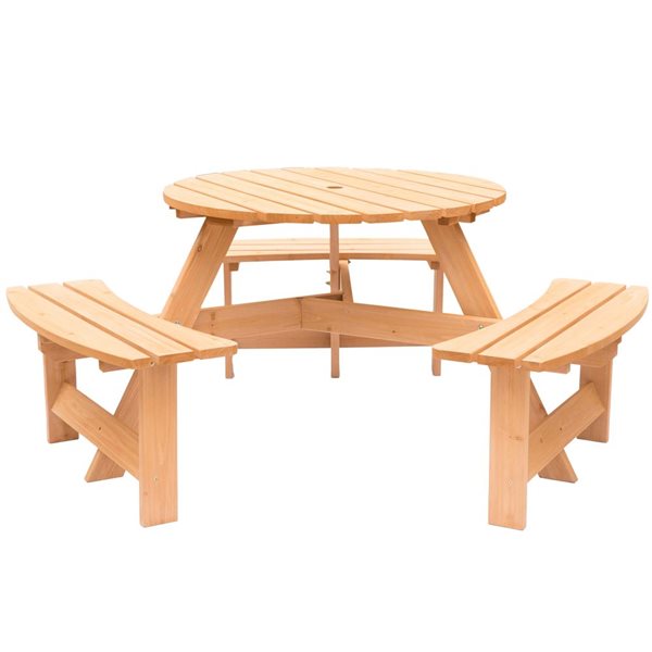 Gardenised Wooden Outdoor Round Picnic Table with Bench for Patio, 6- Person with Umbrella Hole - Stained