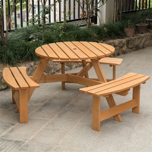 Gardenised Wooden Outdoor Round Picnic Table with Bench for Patio, 6- Person with Umbrella Hole - Stained