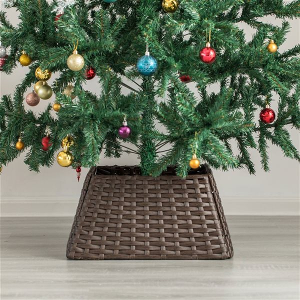 Gardenised Foldable Christmas Tree Skirt Collar Basket, Ring Base Stand Cover, Rattan Plastic, Brown