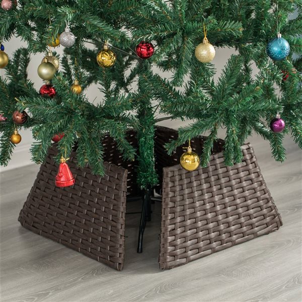 Gardenised Foldable Christmas Tree Skirt Collar Basket, Ring Base Stand Cover, Rattan Plastic, Brown