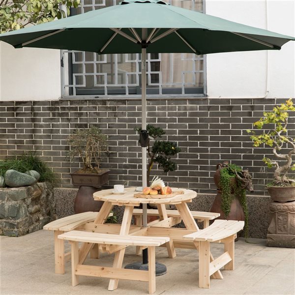 Gardenised Wooden Outdoor Patio Garden Round Picnic Table with Bench, 8 Person- Natural