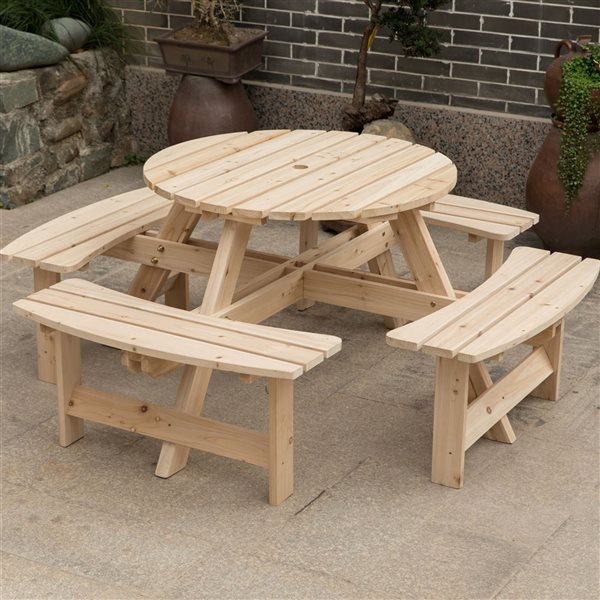 Gardenised Wooden Outdoor Patio Garden Round Picnic Table with Bench, 8 Person- Natural