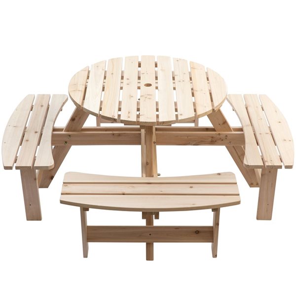 Gardenised Wooden Outdoor Patio Garden Round Picnic Table with Bench, 8 Person- Natural