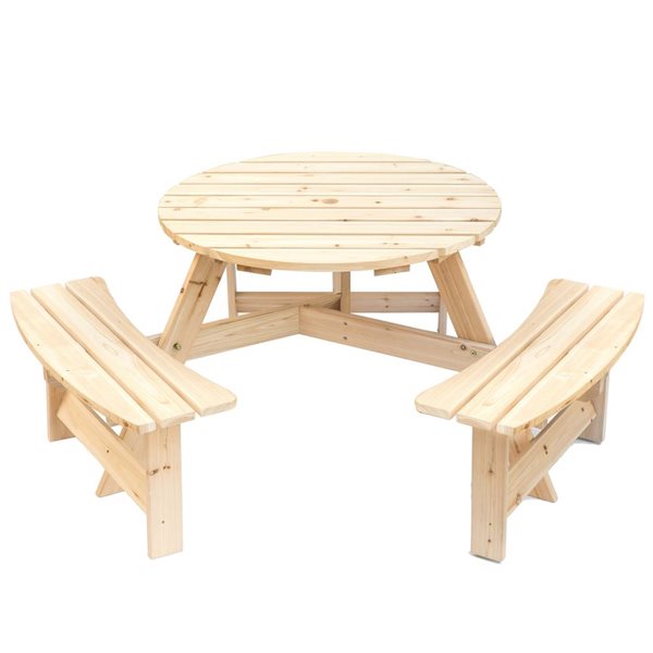 Gardenised Wooden Outdoor Round Picnic Table with Bench for Patio, 6- Person with Umbrella Hole- Natural