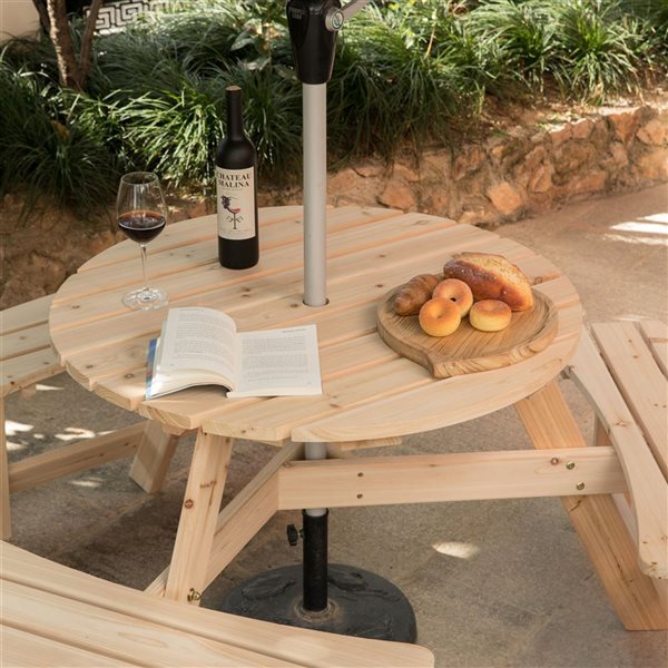 Gardenised Wooden Outdoor Round Picnic Table with Bench for Patio, 6- Person with Umbrella Hole- Natural