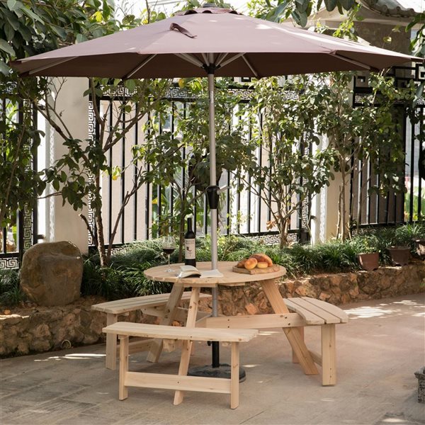 Gardenised Wooden Outdoor Round Picnic Table with Bench for Patio, 6- Person with Umbrella Hole- Natural