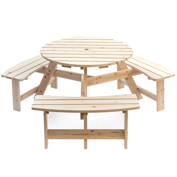 Gardenised Wooden Outdoor Round Picnic Table with Bench for Patio, 6- Person with Umbrella Hole- Natural