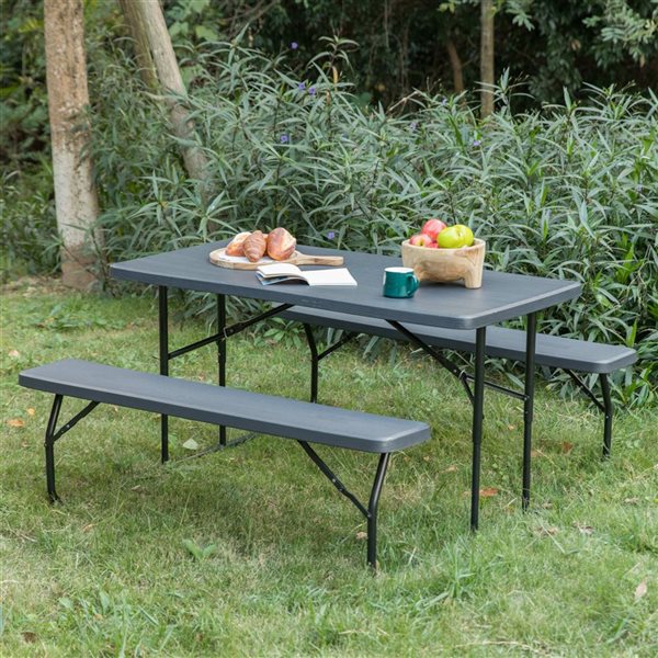 Gardenised Gray Outdoor Foldable Woodgrain Portable Picnic Table Set