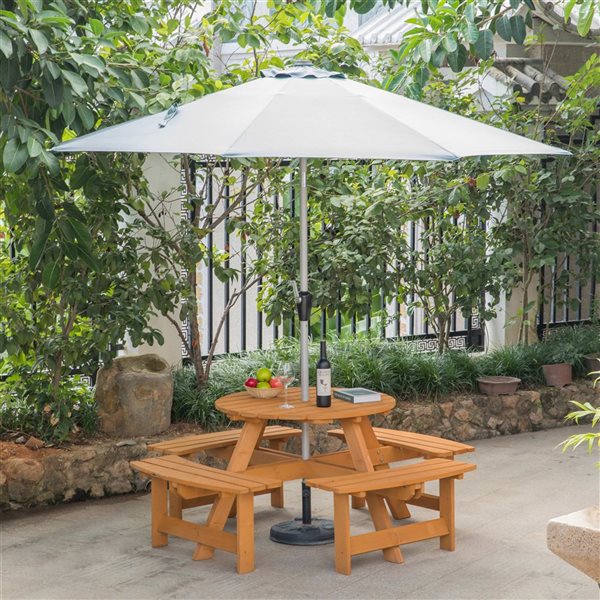 Gardenised Wooden Outdoor Patio Garden Round Picnic Table with Bench, 8 Person - Stained