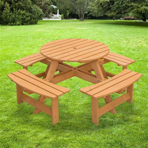 Gardenised Wooden Outdoor Patio Garden Round Picnic Table with Bench, 8 Person - Stained