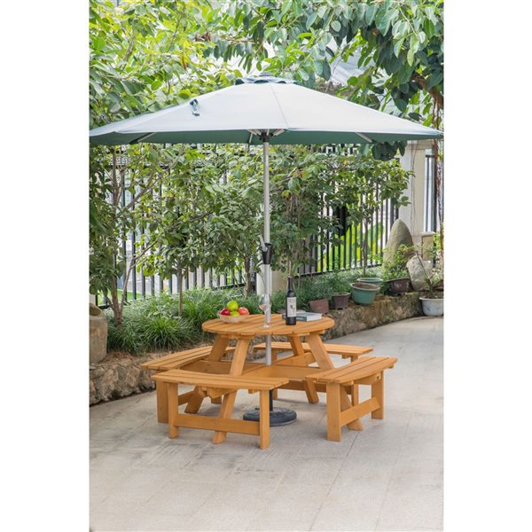 Gardenised Wooden Outdoor Patio Garden Round Picnic Table with Bench, 8 Person - Stained