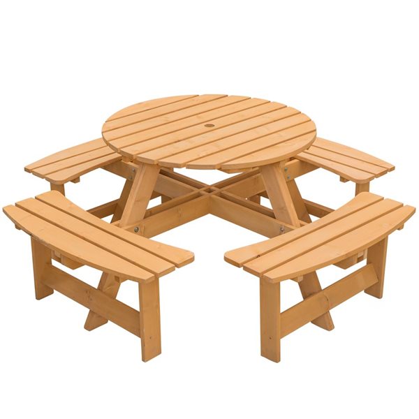 Gardenised Wooden Outdoor Patio Garden Round Picnic Table with Bench, 8 Person - Stained