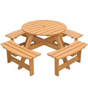 Gardenised Wooden Outdoor Patio Garden Round Picnic Table with Bench, 8 Person - Stained