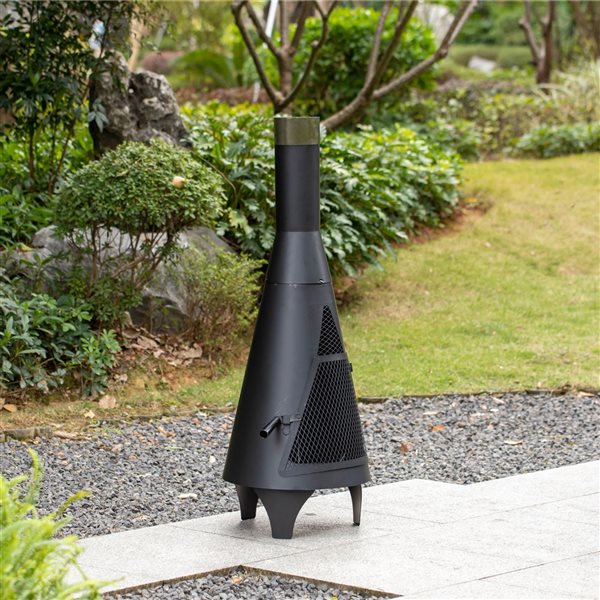 Gardenised 50" Black Outdoor Metal Wood Burning Chimenea Patio Heater Fire Pit, Includes Fire Pit Poker Handle