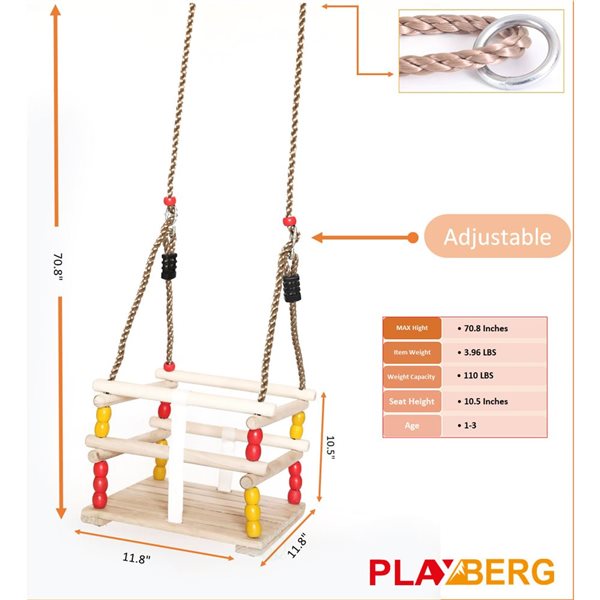 PLAYBERG Wooden Baby Swing with Hanging Ropes, for Babies and Toddlers