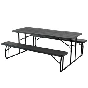 Gardenised Outdoor Foldable Woodgrain Picnic Table Set with Metal Frame 6 Ft. Black