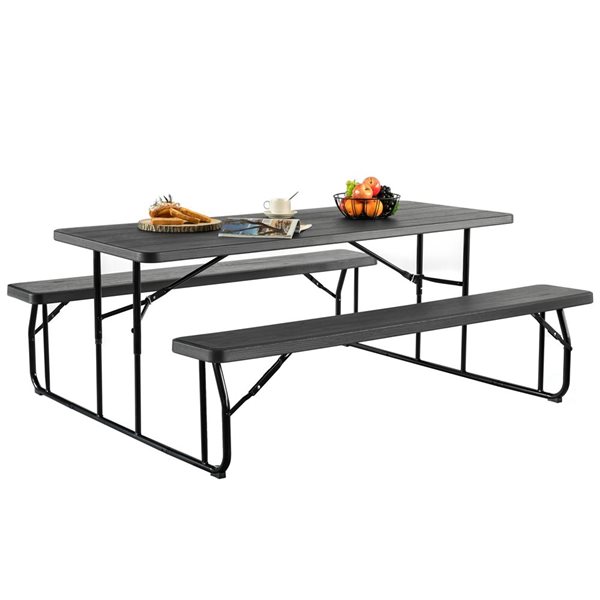 Gardenised Outdoor Foldable Woodgrain Picnic Table Set with Metal Frame 6 Ft. Black