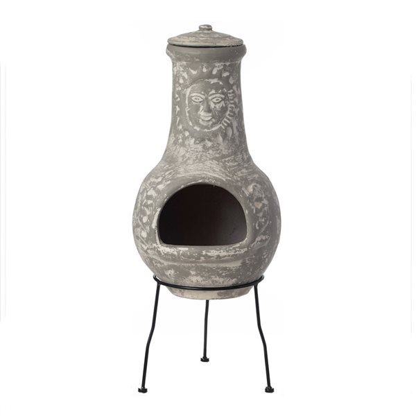 Vintiquewise Outdoor Clay Chiminea Fireplace Sun Design Wood Burning Fire Pit with Sturdy Metal Stand, Terra Cotta