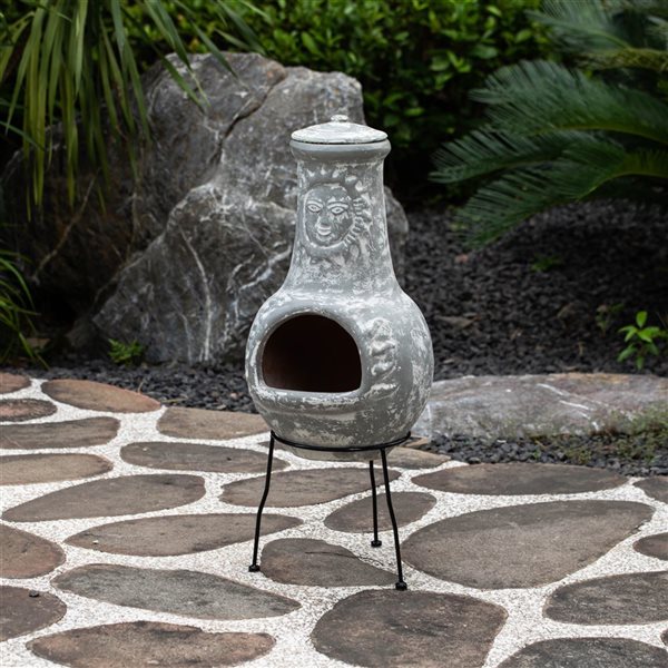 Vintiquewise Outdoor Clay Chiminea Fireplace Sun Design Wood Burning Fire Pit with Sturdy Metal Stand, Terra Cotta