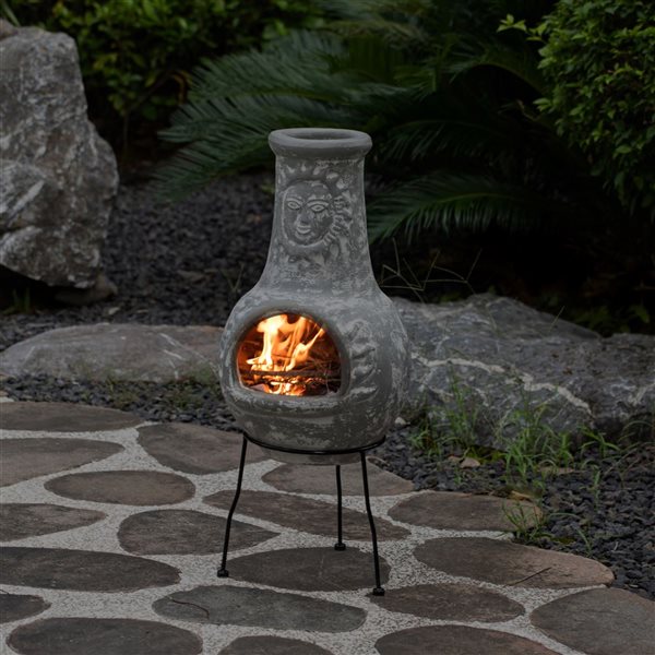 Vintiquewise Outdoor Clay Chiminea Fireplace Sun Design Wood Burning Fire Pit with Sturdy Metal Stand, Terra Cotta