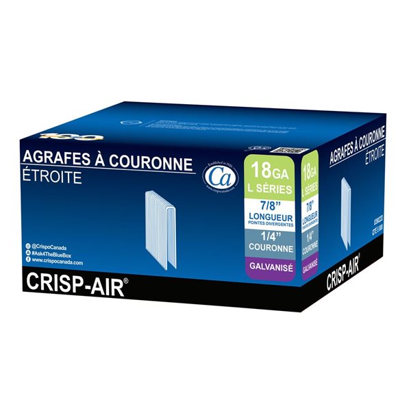 Agrafes à couronne étroite Crisp-Air galvanisées de calibre 18 7/8 po, boîte de 5000