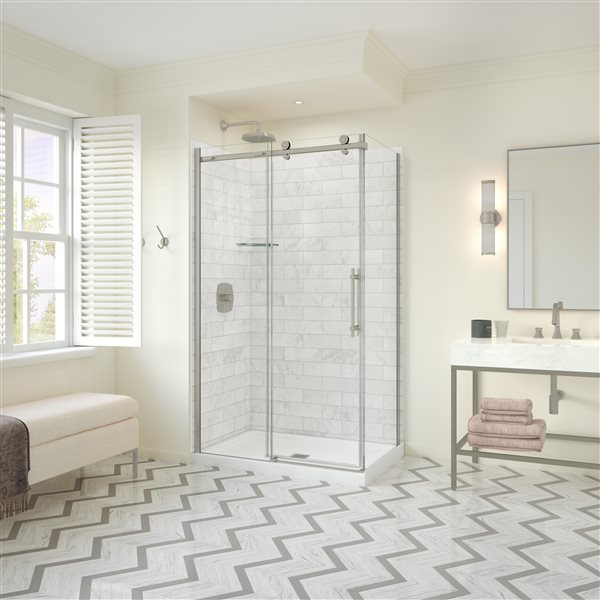 Maax Utile Composite Direct-to-Stud Two-Piece Corner Shower Wall Kit in Marble Carrara