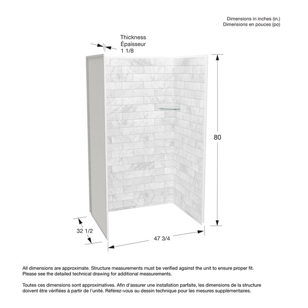 Maax Utile Composite Direct-to-Stud Three-Piece Alcove Shower Wall Kit in Marble Carrara