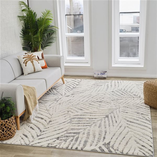 Tapis de passage décoratif Nimbus de Rug Branch 4 x 6 pi moderne à motif botanique crème/gris