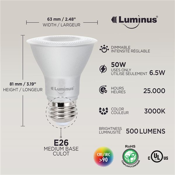 Luminus Bright White 50 W Eq. PAR20 Dimmable Flood Light LED Bulbs - 8/Pk