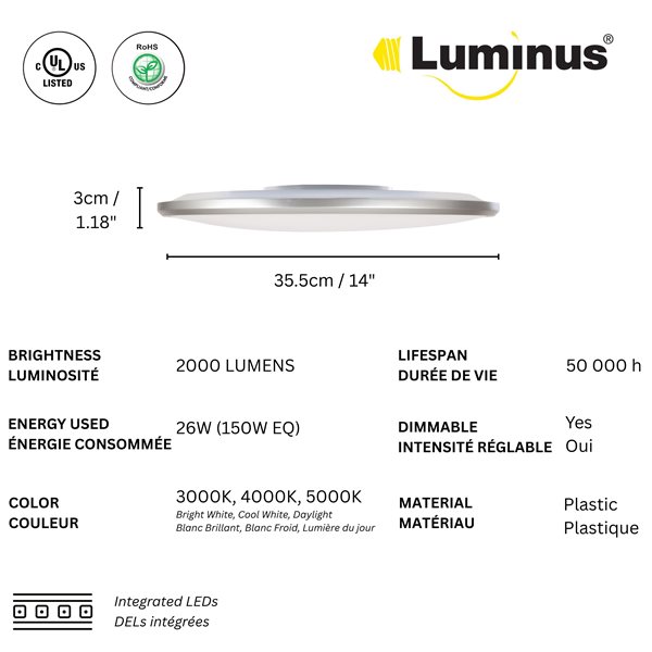 Luminus Stella 150-W 2000 lm 3CCT 14-in Silver Round Flush Mount Integrated LED Slim Ceiling Lights - 2/Pk