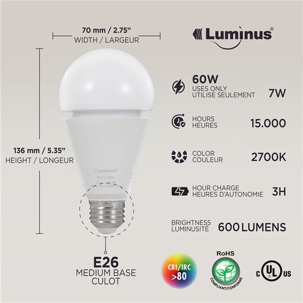 Ampoules à DEL rechargeables A21 60 W éq. de Luminus 600 lm 2700K blanc chaud intensité non variable, 6/pqt