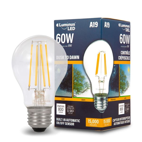 Luminus 60 W Eq. A19 Dusk-to-Dawn Non-Dimmable Filament LED Light Bulbs 800 lm 2700K Warm White - 6/Pk