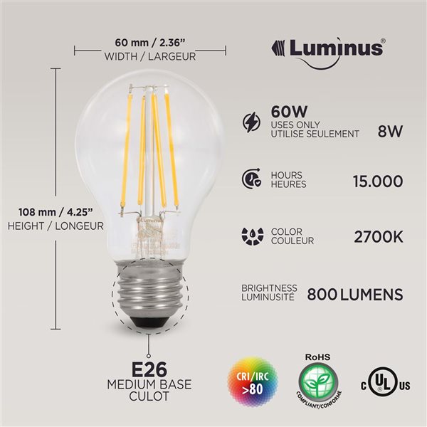 Luminus 60 W Eq. A19 Dusk-to-Dawn Non-Dimmable Filament LED Light Bulbs 800 lm 2700K Warm White - 6/Pk