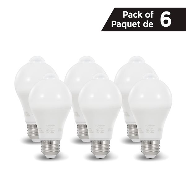 Luminus 800 lm 3000K Bright White 60 W Eq. A19 Motion Detector Non-Dimmable LED Light Bulbs  - 6/Pk