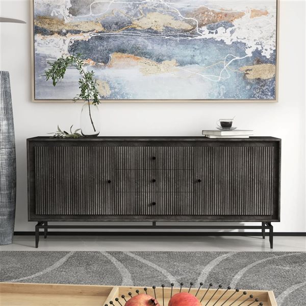 Buffet moderne à 2 portes Camilo de Gild Design House 69 po l. bois de manguier gris foncé avec 3 tiroirs