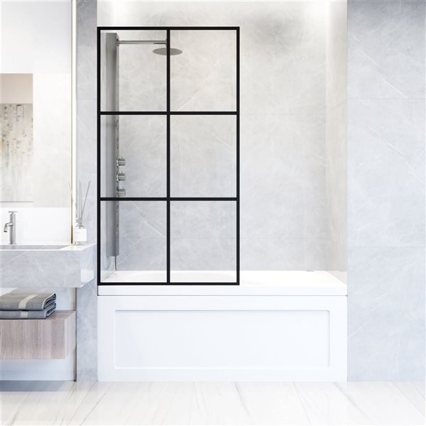 Ventana 34-In W X 62-In H Framed Fixed Tub Screen - Matte Black With Clear Glass, Black/Tan