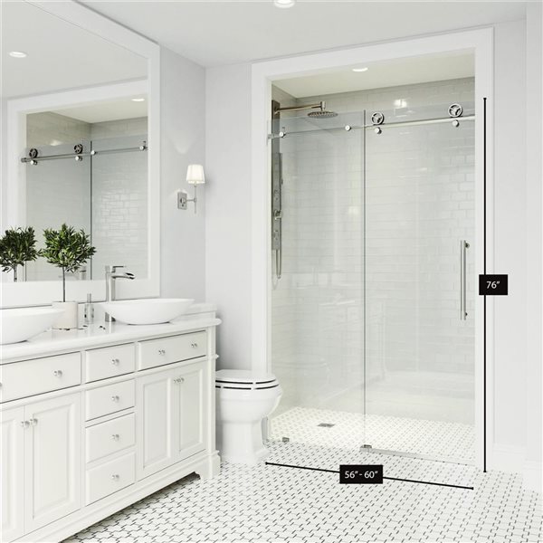 Porte de douche coulissante sans cadre Elan Cass Aerodynamic de VIGO 56 à 60 x 76 po inox avec verre transparent