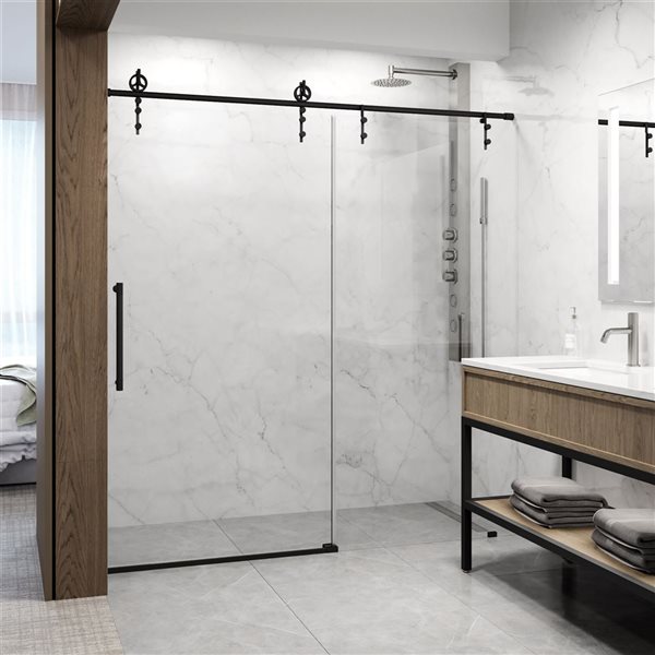 VIGO Hamilton 56 to 60 in. W x 78 in. H Frameless Sliding Shower Door in Matte Black with Clear Glass and Handle