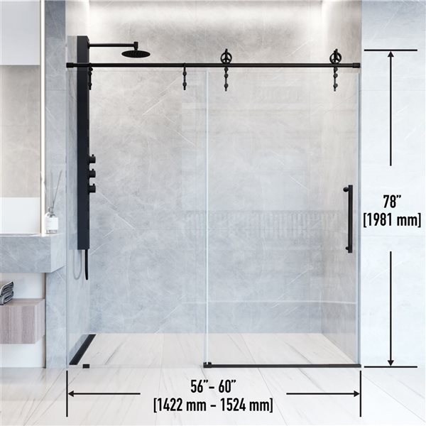 Porte de douche coulissante sans cadre Hamilton de VIGO 56 à 60 x 78 po noir mat avec verre transparent et poignée