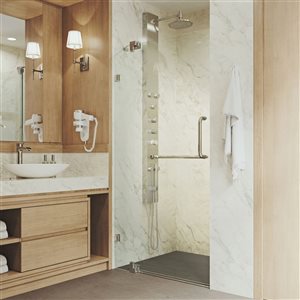 VIGO Pirouette 30 to 36 in. W x 72 in. H Frameless Pivot Shower Door in Brushed Nickel with Clear Glass and Handle